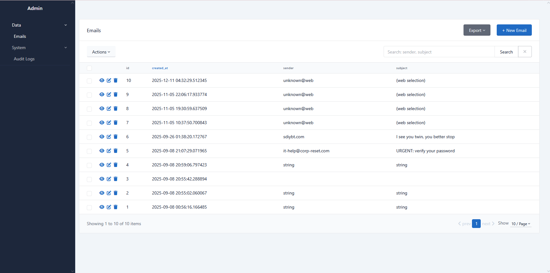 Audit log screenshot
